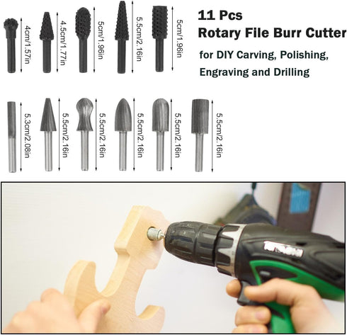 Rongon Carbide Burr Set, 11Pcs Rotary File Burr Cutter for Woodworking, 1/4 Inch Shank for DIY Carving