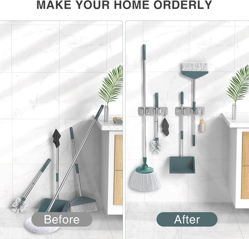 Mop Broom Holder Wall Mounted, SUS304 Stainless Steel Organizer with 2 Installation Methods, Heavy Duty with Hooks, 2PCS