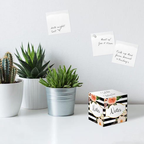 Black and White Floral Sticky Note Cube - 2.75" Memo Block Printed on 4 Sides, Modern Floral Stripe Design, Made in the