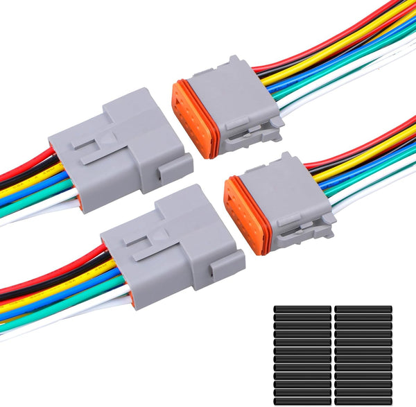2Pack 12-Pin Waterproof DT Connector, Male and Female Wire Connectors with 16AWG Wires and Heat Shrink Tubes