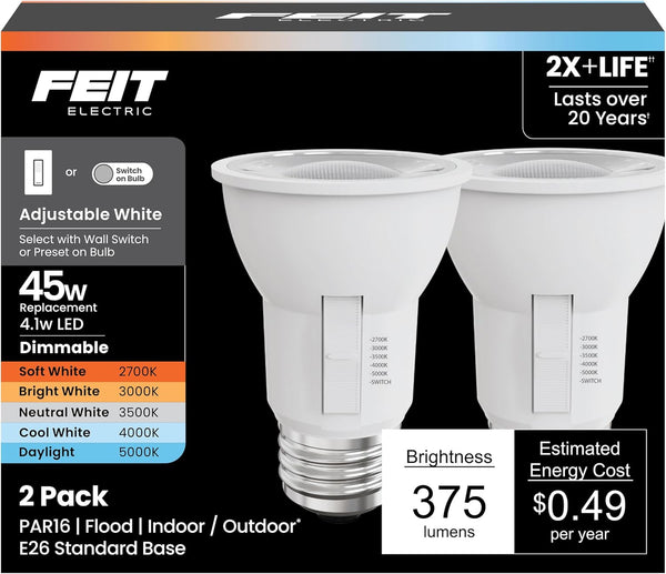 Feit Electric PAR16 LED Light Bulbs, 45W Equivalent, Dimmable, Color Selectable 6-Way,