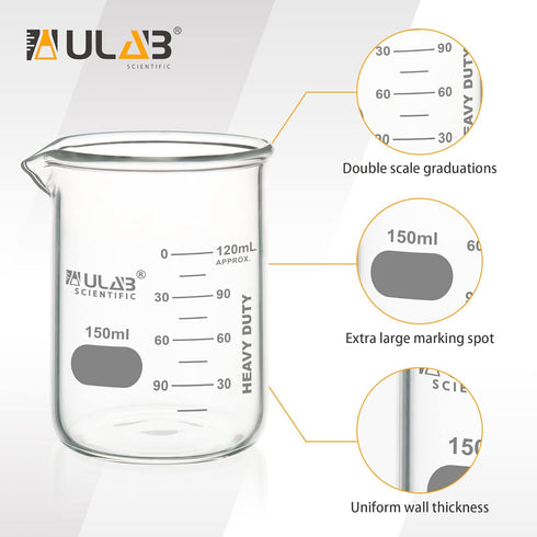 ULAB Heavy Duty Glass Beakers, 12pcs, 150ml (5.07oz), Borosilicate 3.3 Glass, Thick Wall, Double Scale, UBG1054