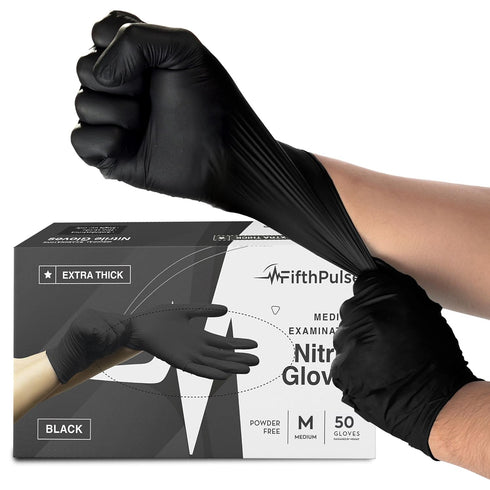Disposable Black Nitrile Gloves Medium, 50 Count Extra Thick 4.5 Mil, Powder and Latex Free Surgical Gloves