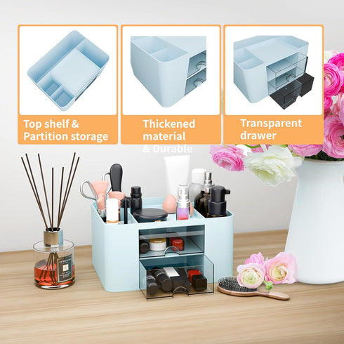 Desk Organizer with 2 Drawer, Multi-Functional Pencil Pen Holder for Desk, Plastic Organizers with 5 Compartments