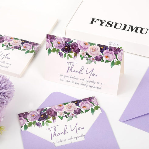 50 FYSUIMU Pcs Funeral Thank You Cards Bulk Boxed Floral Sympathy Blank Note Cards with Sticker Envelope Purple Flower
