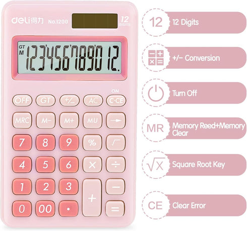 Deli Standard Function Basic Calculator, 12 Digit Desktop Calculator, Pink, Large LCD Display, Solar Battery Dual Power