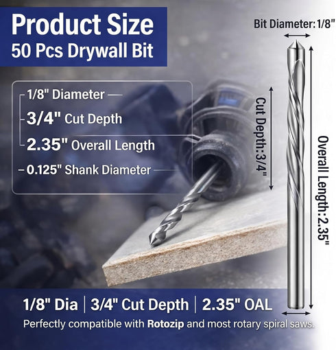 50 1/8" Tondiamo Pcs Drywall Router Bits Rotor Drywall Drill Bits High Speed Steel Spiral Guide Point Cutting Diameter