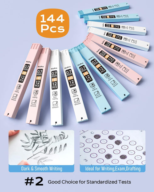 Nicpro 23PCS Pastel Mechanical Pencil 0.5 & 0.7 mm with Case, 12 Tubes HB Lead Refills, 3 Erasers for Student Writing