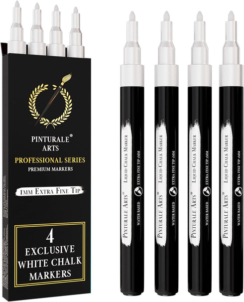 Pinturale Arts 4 Extra Fine Tip White Chalk Markers | 1mm Tip | For
