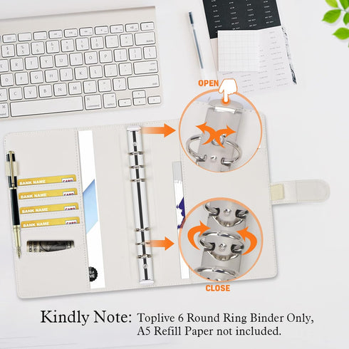 Toplive A5 Notebook Binder, 6 Ring Refillable Binder, PU Leather Planner Cover with Magnetic Closure for Loose Leaf