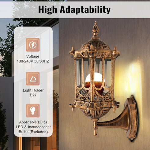 Fufiea IP44 E27 Bulb 100-240V Vintage Antique Copper Outdoor Wall Lantern Waterproof Exterior Wall Sconce with Glass