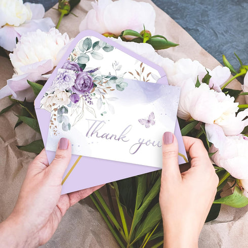 50 Pack 4 6 Inch Whaline Spring Purple Floral Thank You Card Lavender Flower Greeting Card with Envelope Sticker Blank