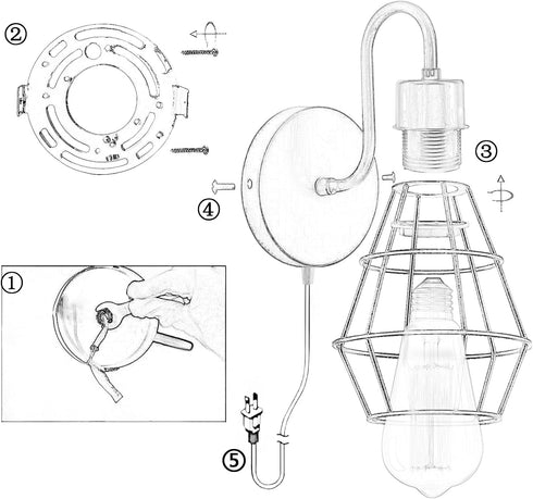 E26 Bulb Plug in Wall Sconce with On/Off Switch Wall Mount Light Fixture with Cord, Black Metal Wire Cage Lampshade