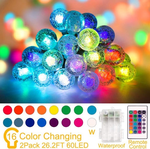 Operated2 Pack 26.2FT 60 16 Coloured Globe String Lights Battery LED Colour Changing Water Proof Crystal Ball Outdoor