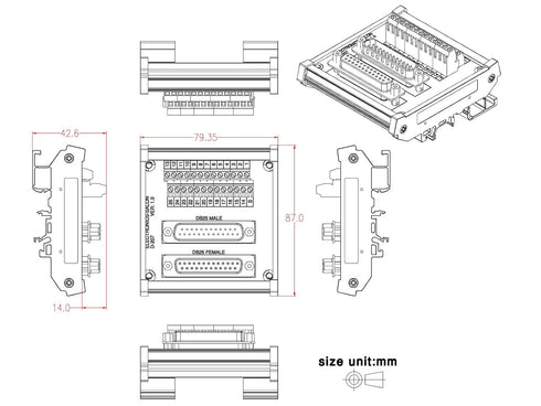 Electronics-Salon DB25 D-SUB DIN Rail Mount Interface Module, Male/Female, DSUB Breakout Board