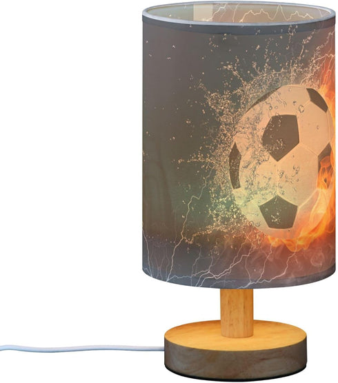 YYZZH Table Lamp Soccer Ball in Fire Flame Water Sport Design American Football Nightstand Lamp with Wood Base Fabric