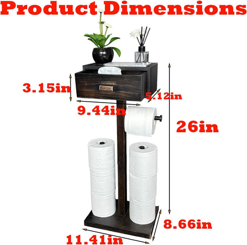 TEGUEPS Freestanding Bathroom Toilet Paper Holder Stand with Shelf, Bamboo Toilet Paper Roll Holder with Wet Wipes