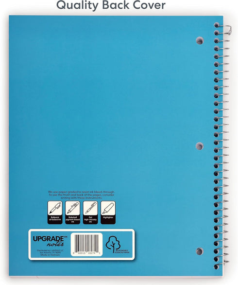 Spiral Notebooks, 1 Subject, Wide-Ruled Paper, Thick Paper Resists Ink Bleed-Through, 100 Sheets U.S. Standard Size 10.5” x 8.0”. Solid Colors: Black, Blue, Red, and Green; 4-pack by UPGRADE NOTES