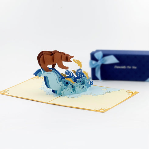 CUTE POPUP Bear Catching Salmon Father's Day Card, Happy Birthday Popup Card, Handmade Greeting Card for Family and