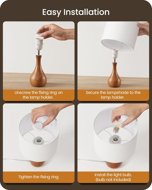 E26 LW09TL05 Small Table Lamp, Wood Bedside Lamp with White Linen Lampshade & Dark Wood Base, Mid Century Modern