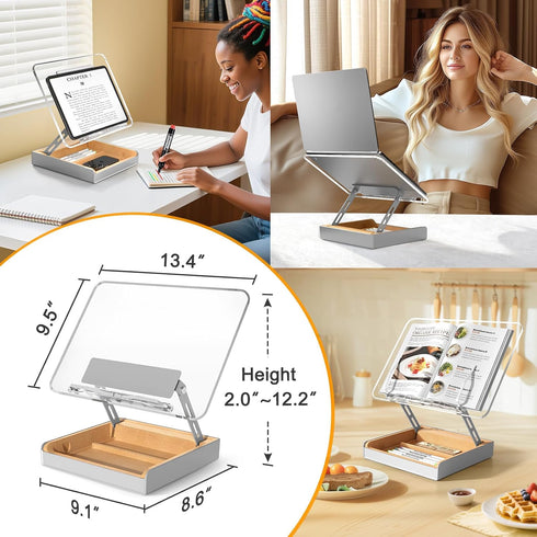 HUMANCOZY Counter, Book Stand with Storage, Book Holder for Reading Hands Free, Wooden Cookbook Stand for Kitchen