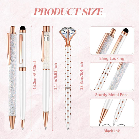 Sabary 8 Pcs Ballpoint Pens with White Pen Holder for Desk, Glitter Pencil Holder, Fancy Black Ink Pens