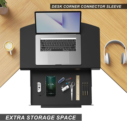 Clamp on Desk Corner Sleeve with Drawer, L Desk Connector Platform with Under Desk Drawer for Extender Desk Space