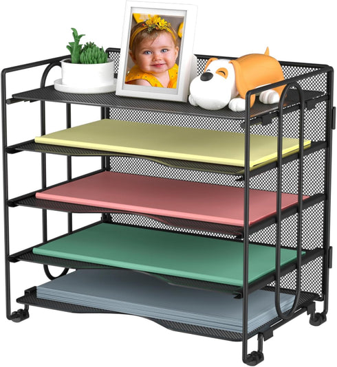 Letter Tray Paper Organizer, 5 Tier Black Mesh Desk Organizers, Stackable File Holder for Home Office