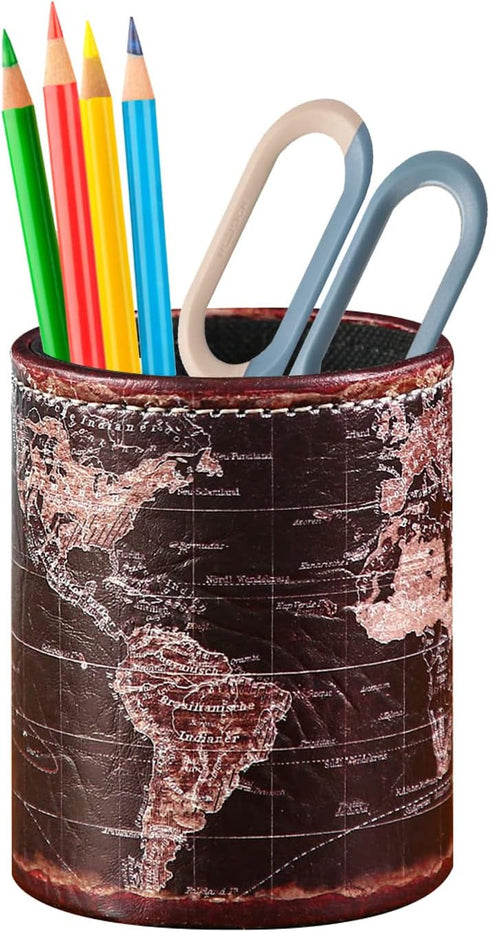 Black World Map Pencil Holder for Desk, PU Leather Pencil Cup, Globe Pen Holder Organizer