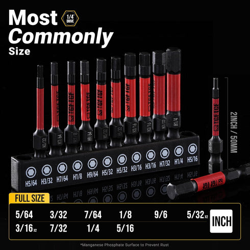 Set, 12PCS, 2-inch S2 1/4" Set, Set, Impact Hex Head Allen Wrench Drill Bit (SAE), Premium Steel Hex-Shank Hex Bit CNC