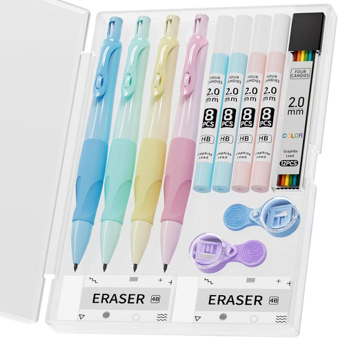 Four Candies 4PCS Cute Mechanical Pencil Set, 2.0MM Ergonomic Pencil with 44PCS HB Leads, 2PCS Sharpeners/Erasers