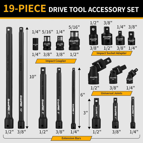 Set 19-Piece 50BV30, Set, 1/2" 1/4" 3/8 GRENPRO Impact Socket Extension Socket Extension Bar, Swivel Universal Joints