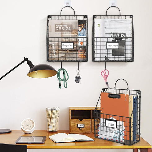 Hanging Wall File Organizer, Metal Wall Mounted Holder with Handles and Hooks, 3 Packs for Home Office Decor