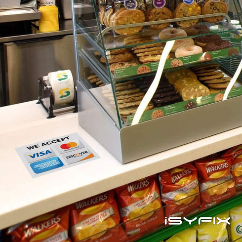 iSYFIX Credit Card Sticker Signs, 4 Pack 7-x 6-Inch, We Accept Visa, MasterCard, Amex & Discover