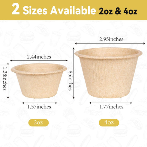 Gere Disposable Testing Cup Bowls,100 Pack, 2 oz, Natural Biodegradable Bagasse Fiber Souffle Cups, Condiment Cups, Sample Cups, Measuring Cups, by Gere