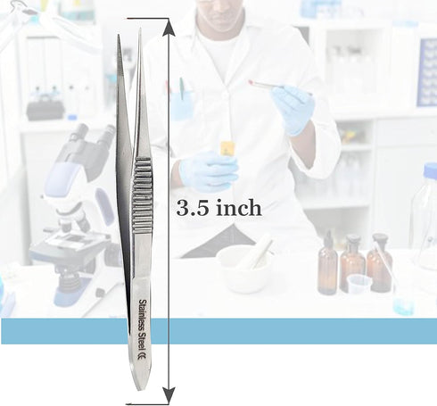 Stainless Steel High Precision Forceps with Fine Strong Straight Serrated Point for Scientific Use, 3.5 Inch