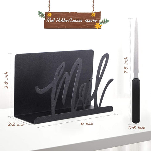 Cutout Metal Mail Holder Organizer with Letter Opener, Artistic Design for Home Office, Black Countertop Storage
