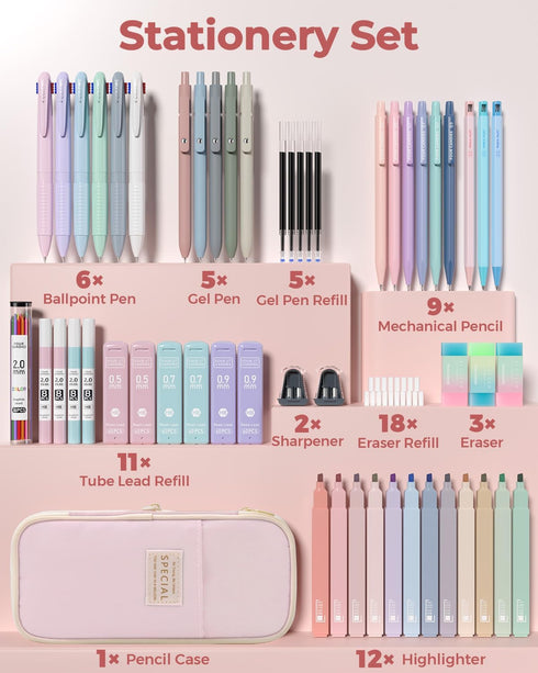 Four Candies 56 PCS Aesthetic School Supplies, Large Pencil Case, 6 Colored Ballpoint Pens, 12 Pastel Highlighters, Pink