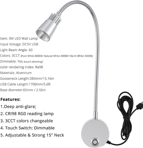 Dimmable 3CCT 5V 15" 1-Pack Touch USB Wall Mounted Bedside Reading Lamp Aluminum Silver Wall Sconce