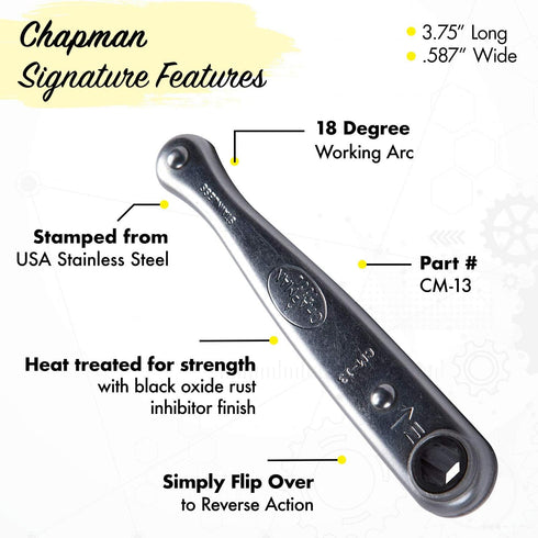 Chapman MFG CM-13 Mini Ratchet, 1/4" Drive, USA Made Stainless Steel with 20 Tooth Gear