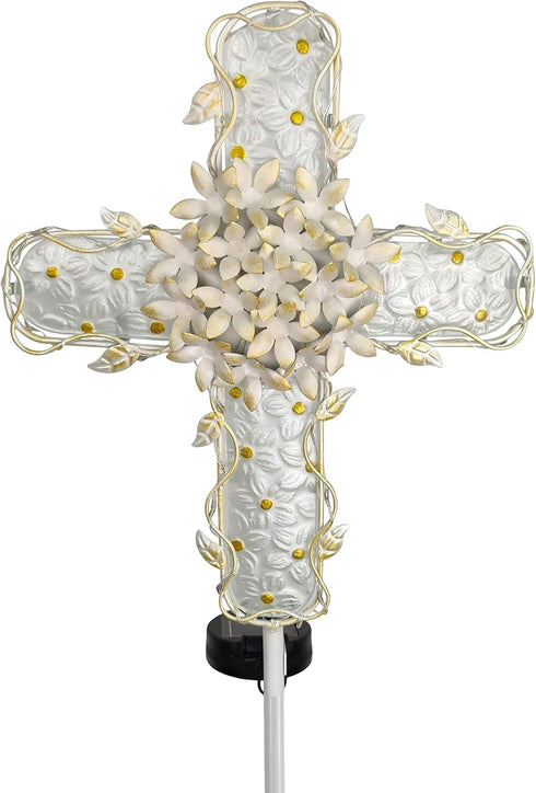 COOZZYHOUR 38Inch 20 Solar Cross Garden Lights Outdoor Decorative - Solar Metal&Glass Cross White Hydrangea Flower