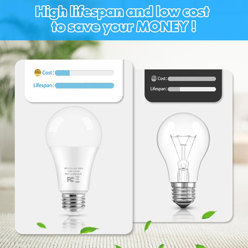 LED Light Bulbs, 100 Watt Equivalent A19, 13W 5000K Daylight White, 1500 Lumens, 4-Pack