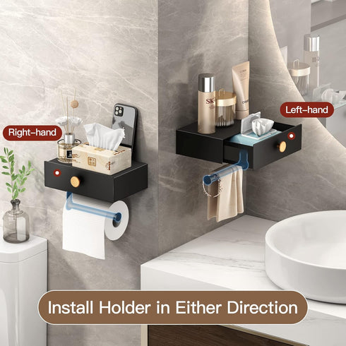 VOLDRA Toilet Paper Holder with Shelf Black Wipes Dispenser for Bathroom Stainless Steel Toilet Paper Holder