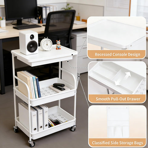 BLULEE 3 Tier Rolling Cart with Wheels and Drawers,Utility Storage Organizer Cart with Fabric Bag & Silent Casters