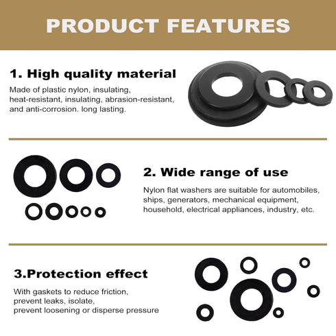 QTEATAK 510 Pcs Black Nylon Flat Washer Assortment Kit for Electrical Connections on Household & Commercial Appliances