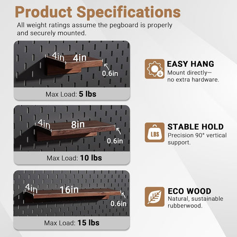 SEMPOMA 4-Pack 4''x4'' Small Pegboard Shelves Compatible with IKEA Skadis Pegboard - Walnut Wood Finish, Ready-to-Hang