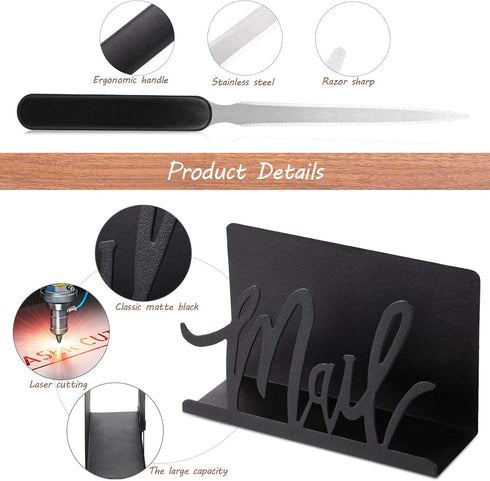 Cutout Metal Mail Holder Organizer with Letter Opener, Artistic Design for Home Office, Black Countertop Storage