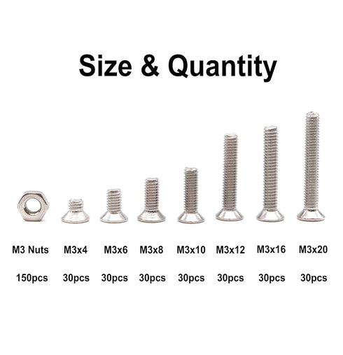 binifiMux 360pcs M3 Countersunk Flat Head Phillips Screws and Hex Nuts Kit, 304 Stainless Steel