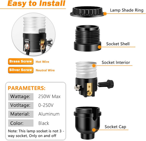UL Listed E26 Light Socket, Threaded Lamp Socket Replacement with ON/Off Switch, Black 3-Pack