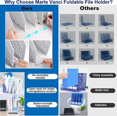 Marte Vanci Collapsible Magazine Holder, 4 Compartment Desktop Adjustable File Dividers Document Cabinet (Light Gray)